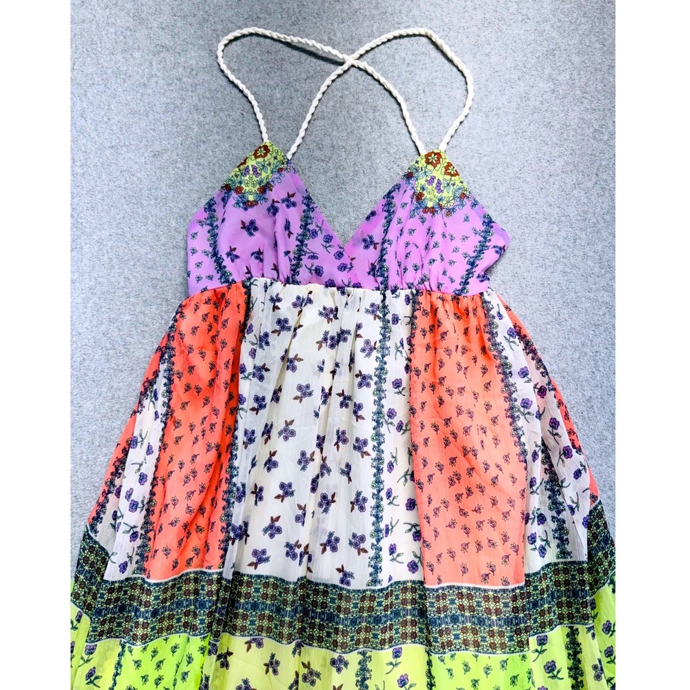 Forever 21 Maxi Dress Womens S Multicolor Floral Boho Patchwork Braided Flowy